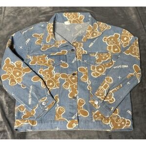 Teddy‎ Bear Denim Trucker Jacket Womens Small Blue Brown All Over Print Coat